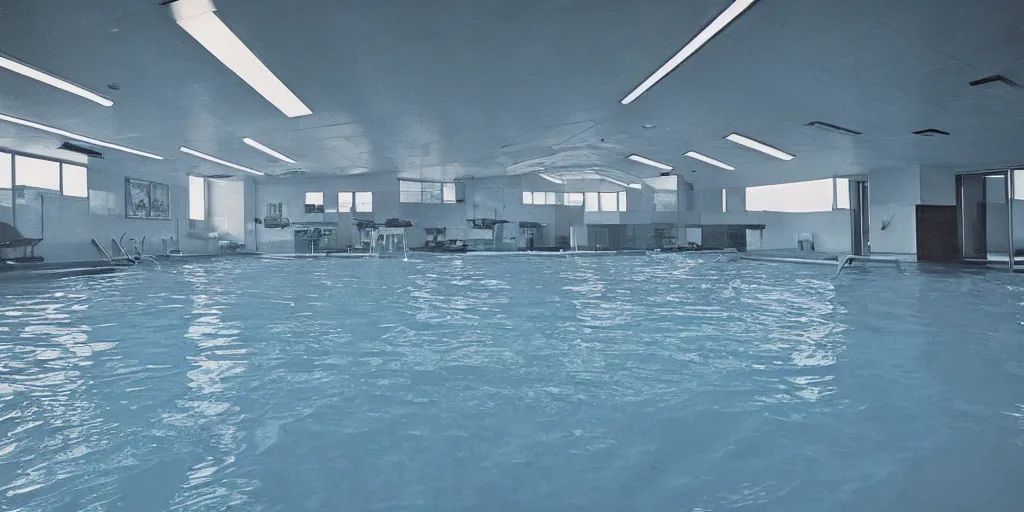 Image similar to 1980s magazine photo of an indoor swimming pool inside an office, flooded in clear blue water, with an A-Frame ceiling and dappled sunlight