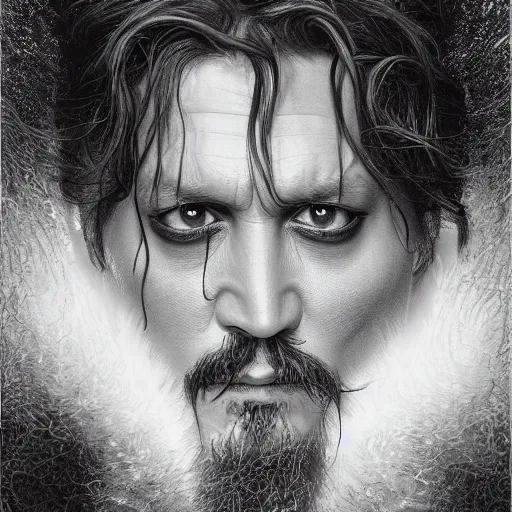 Image similar to photorealistic johnny depp as god in the style of michael whelan and gustave dore. hyperdetailed photorealism, 1 0 8 megapixels, amazing depth, glowing rich colors, powerful imagery, psychedelic overtones, 3 d finalrender, 3 d shading, cinematic lighting, artstation concept art