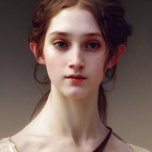 Image similar to Portrait of beautiful pale peasant girl, cinematic lighting, intricate, elegant, highly detailed, digital painting, artstation, smooth, sharp focus, illustration, art by artgerm and greg rutkowski and alphonse mucha and Wayne Barlowe and william-adolphe bouguereau