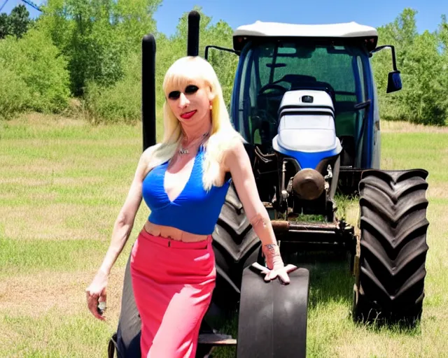 Prompt: Piper Perri wearing a conservative outfit working on a tractor in the summer heat