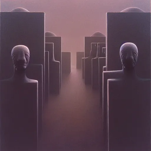 Prompt: soft focus with deep shadows, dystopian surreal painting of eerie grinning head statues and block buildings by zdzisław beksinski