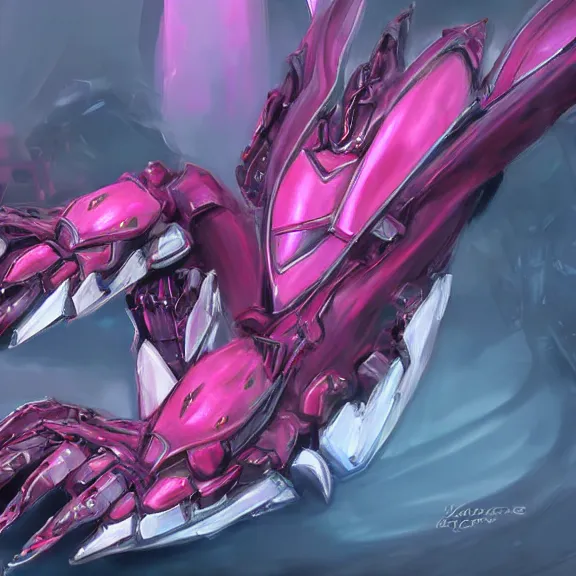 Image similar to very close up foot pov shot, hyperdetailed elegant beautiful stunning anthropomorphic mecha female dragon, laying elegantly, showing detailed dragon paws to camera, sharp claws close up, soft pads, sharp silver armor, fuchsia skin, anthro dragon art, warframe destiny fanart, furry paws furry, furaffinity, deviantart, octane, ekasportal