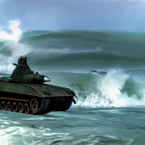 Image similar to a T-34 emerging from Ocean waves, hyperrealistic, Nature photography