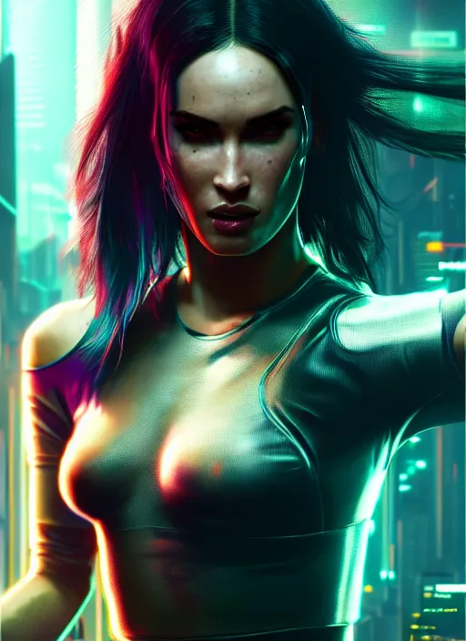 Image similar to portrait of cyberpunk 2 0 7 7 megan fox, intricate, elegant, glowing lights, highly detailed, digital painting, artstation, glamor pose, concept art, smooth, sharp focus, illustration, art by artgerm and greg rutkowski, artey freytag