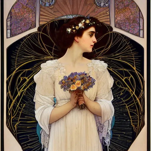 Prompt: a detailed, intricate art nouveau portrait poster of a young bride who resembles a teenage saoirse ronan and emma watson in a white bridal gown, in a garden of fireflies and glowing lanterns at night, by alphonse mucha, and john william waterhouse