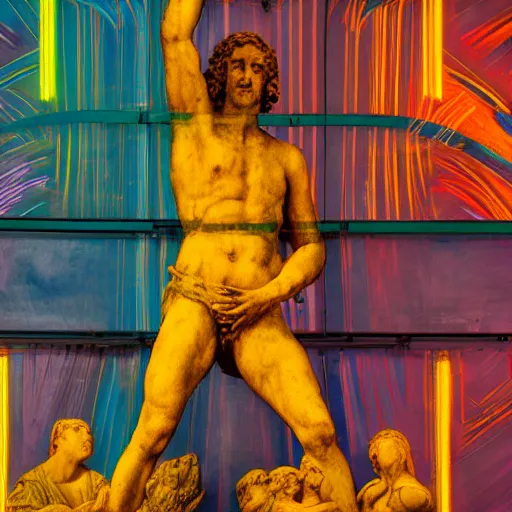 Image similar to renaissance statue surrounded by neon abstract art, highly detailed