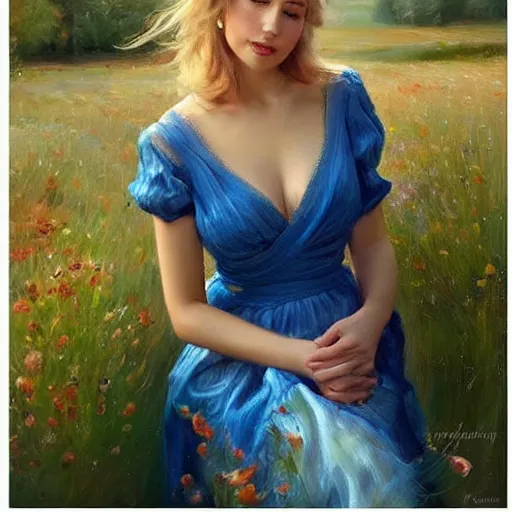 Prompt: mysterious blonde woman in hot dress in the swedish countryside, freedom, scenic, beautiful, masterpiece, highly detailed, painting by vladimir volegov