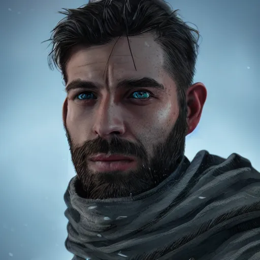 Image similar to A comic book style portrait painting of a male ranger in a a post apocalyptic winter landscape, unreal 5, DAZ, hyperrealistic, octane render, RPG portrait, ambient light, dynamic lighting