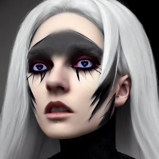 Prompt: Young woman, white hair, black eyes, pointy ears, pale skin, trending on artstation
