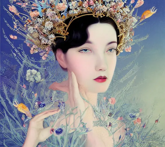 Prompt: breathtaking detailed concept art painting art deco pattern a beautiful black haired woman with pale skin and a crown on her head sitted on an intricate metal throne amalmation light - blue flowers with anxious piercing eyes and blend of flowers and birds, by hsiao - ron cheng and john james audubon, bizarre compositions, exquisite detail, extremely moody lighting, 8 k h 1 0 2 4