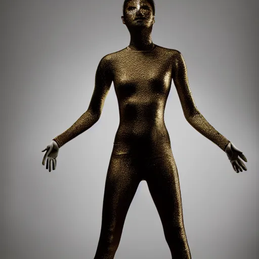 Image similar to a holographic athletic metal manequin, photographed by erwin olaf