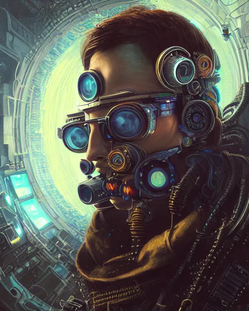 Image similar to a highly detailed portrait of a cyberpunk hacker, steampunk stargate by greg rutkowski and android jones in a surreal portrait style, oil on canvas, ancient cyberpunk 8k resolution, masterpiece