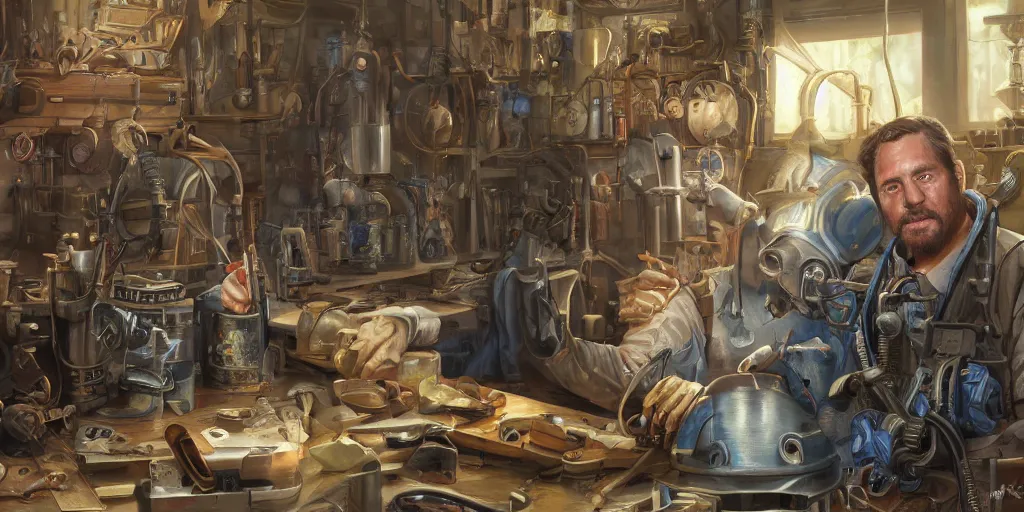 Prompt: highly detailed portrait painting of welder and angelina joile posing, mono eye window, workbench, symmetrical perfect eyes, by eddie mendoza and tyler edlin, 8 k resolution