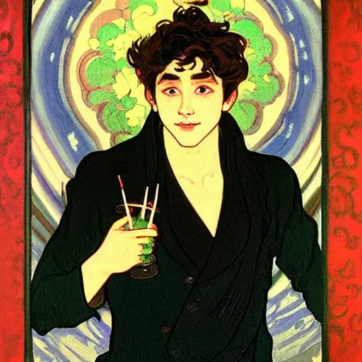 Image similar to painting of young cute handsome beautiful dark medium wavy hair man in his 2 0 s named shadow taehyung and cute handsome beautiful min - jun together at the halloween! party, bubbling cauldron!, candles!, smoke, autumn! colors, elegant, wearing suits!, clothes!, delicate facial features, art by alphonse mucha, vincent van gogh, egon schiele