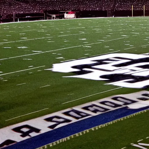 Image similar to Cellphone photo from the stands of a football stadium. An alien spacecraft lands on the field during a game