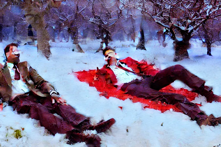 Image similar to winter, a clean - shaven white businessman relaxing under a world tree with red flowers, ground covered with snow, extreme long shot, painting by gaston bussiere, craig mullins, j. c. leyendecker, trending on artstation