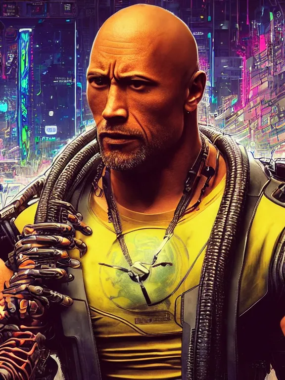 Image similar to a cyberpunk 2077 portrait of Dwayne Johnson kiss a female android complex mess of cables and wires behind them connected to giant computer, love,film lighting, by laurie greasley,Lawrence Alma-Tadema,William Morris,Dan Mumford, trending on atrstation, full of color, highly detailed,8K, octane, Digital painting,golden ratio,cinematic lighting