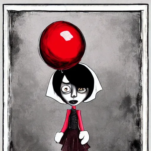 Image similar to grunge cartoon painting of billie eilish with a wide smile and a red balloon by chris leib, loony toons style, pennywise style, corpse bride style, horror theme, detailed, elegant, intricate