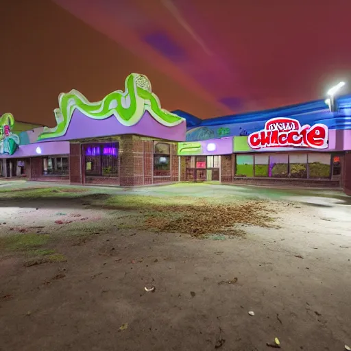 Prompt: photo of an abandoned Chuck E. Cheese, taken at night