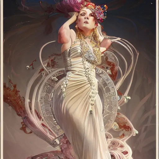 Image similar to a realistic liquid queen with a decorated dress made of white pearls , highly detailed, digital painting, Trending on artstation , HD quality, by artgerm and greg rutkowski and alphonse mucha, dramatic light, octane upscale max