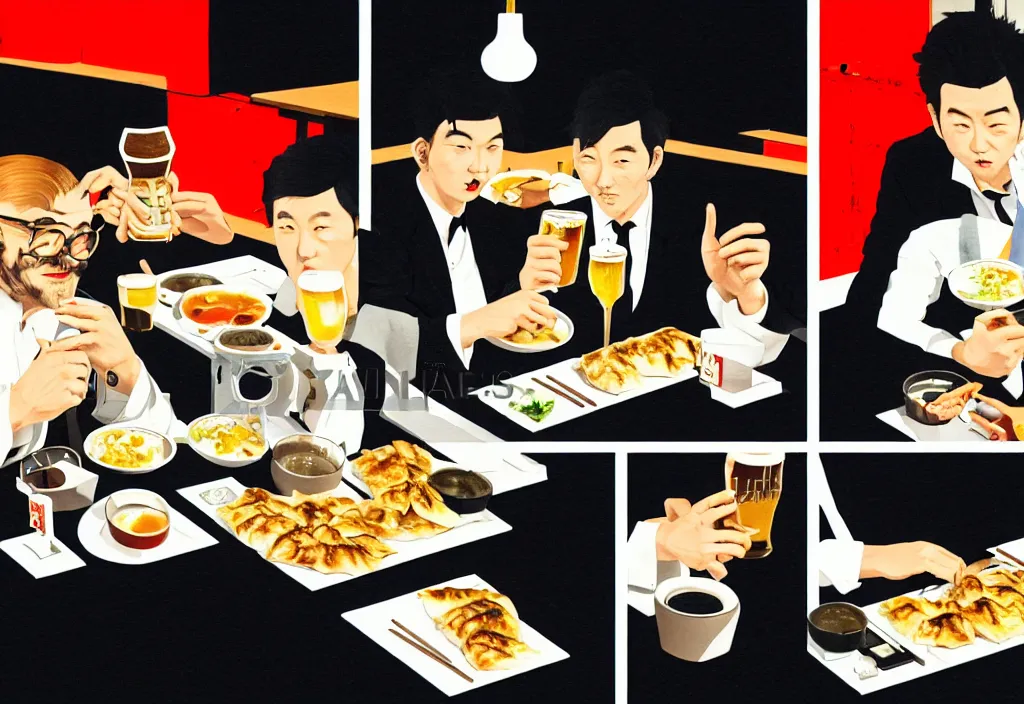 Image similar to two businessmen eating gyoza and drinking beer at an outdoor table in nighttime izakaya in shinbashi tokyo, japan, a collage painting, in the style of wes anderson, lola dupre, david hockney, isolated on negative white space background dark monochrome fluorescent neon spraypaint accents volumetric octane render