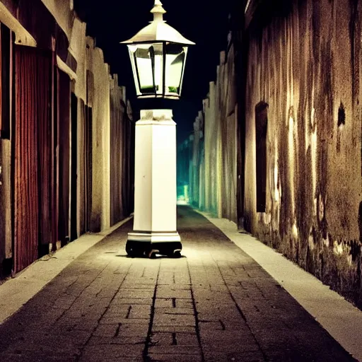 Prompt: lonely old lantern on empty modern street at night