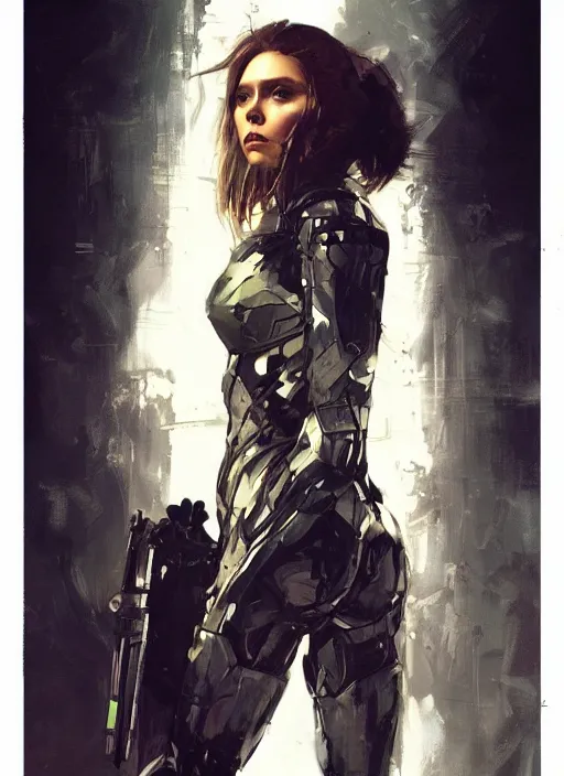 Image similar to Elizabeth Olsen wearing metal gear armor holding a shotgun dramatic lighting art by Yoji Shinkawa by Richard Schmid by greg rutkowski by Sandra Chevrier by Jeremy Lipking cinematic dramatic