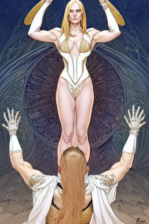 Prompt: symmetry!! intense fanart of back pose of emma frost as acotar protagonist, traditional queen dress, intricate, hyper detailed background, elegant, highly detailed, my rendition, digital painting, artstation, concept art, smooth, sharp focus, illustration, art by artgerm, greg rutkowski and alphonse mucha, by hajime sorayama and boris vallejo