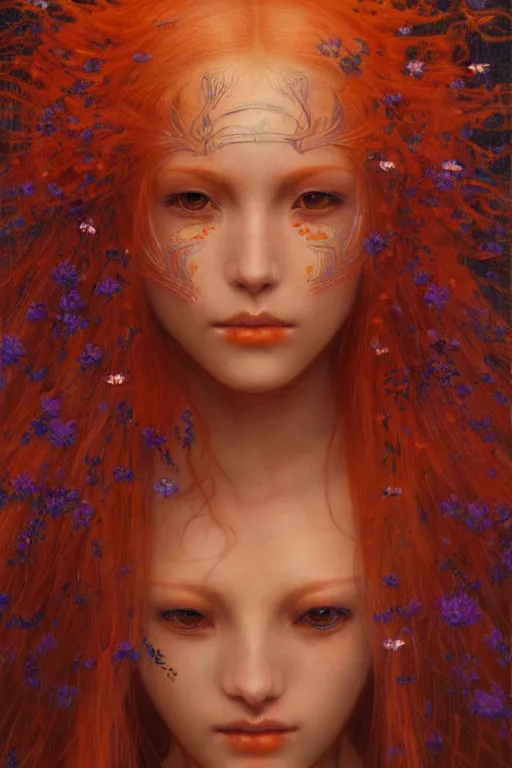 Prompt: portrait of beautiful young mainem, warhammer, japaneese style, cyberpunk armor, a lot of more scars, more and more flowers, orange head, the middle ages, highly detailed, artstation, illustration, art by jean delville, 8 k quality