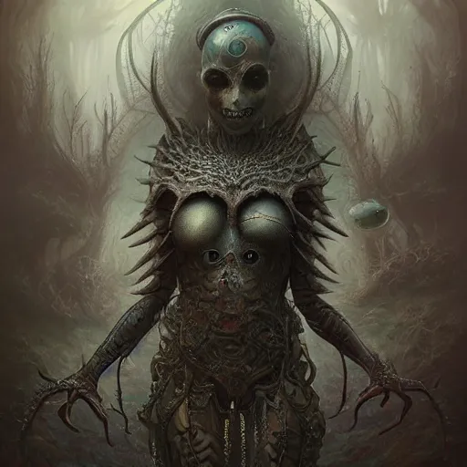 Prompt: curiosities from zynoids, soft paint of a single curvy beautiful warrior in full gothic armor, symmetry accurate features, eyeballs, vegetation tentacles, dense volumetric fog, focus, very intricate ultrafine details, gloomy colors, award winning masterpiece, tom bagshaw artstyle