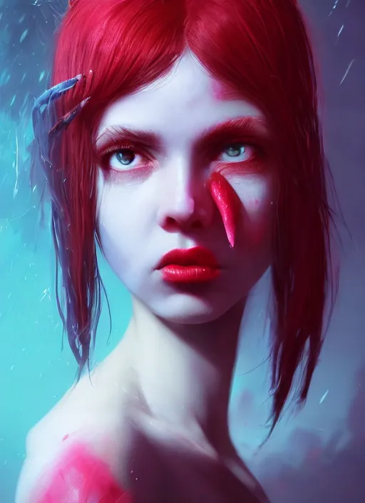 Image similar to profile of sinister girl with pouty aerochrome lips, fungal, unforgivable, cute bandaid on nose!!, expressive eyes, playful pose of a demon, greg rutkowski, charlie bowater, yuumei, stephen gammell, unreal 5, daz, hyperrealistic, octane render, rpg portrait, dynamic lighting, fantasy art, beautiful face