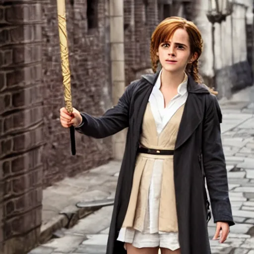 Image similar to emma watson as hermione granger as an anime character, holding a wand, standing in anime diagon alley