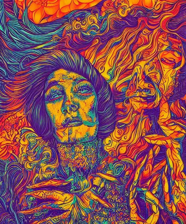 Prompt: beautiful colorful hyperrealist highly detailed psychedelic music poster, high contrast colored wood engraving, trending on artstation 8 k