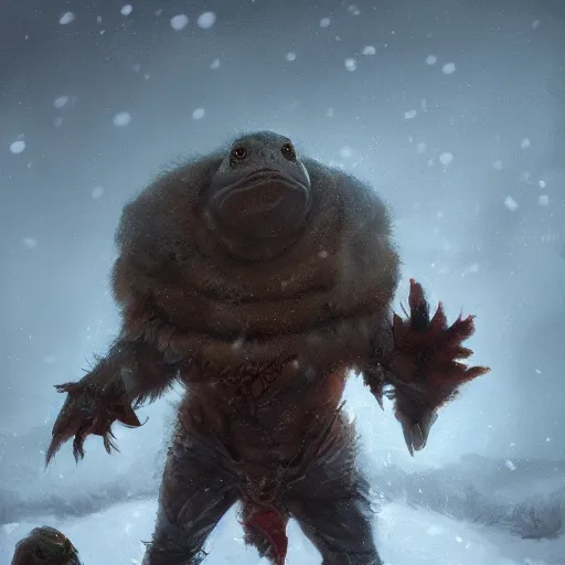 Image similar to anthropomorphic turtle humanoid, carapace, greg rutkowski, blizzard, winter, night, furs, fantasy