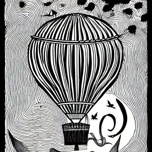 Prompt: a small victorian air balloon over a fantasy landscape, line art illustration , black and white, intricate details