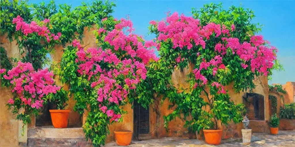 Prompt: beautiful hyper realistic oil painting of a provencal landscape with bougainvillea and near the sea