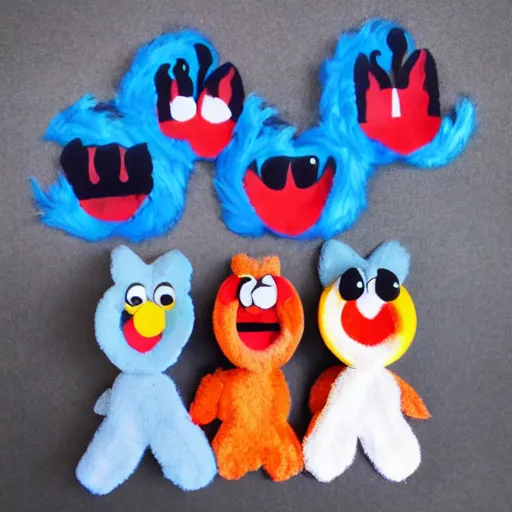 Prompt: three elmo heads in the style of three wolf moon