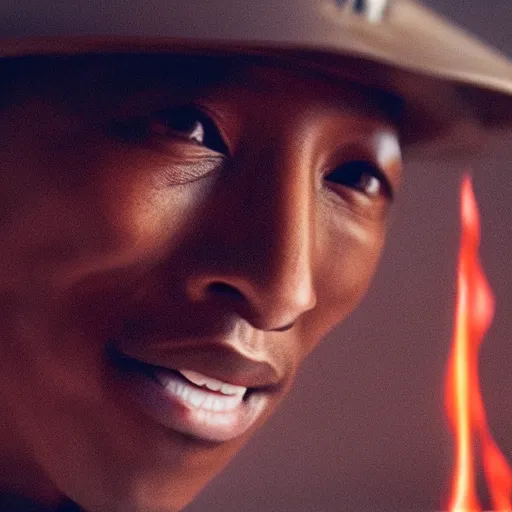 Image similar to cinematic film still Pharrell Williams starring as a Samurai holding fire, Japanese CGI, VFX, 2003, 40mm lens, shallow depth of field,film photography