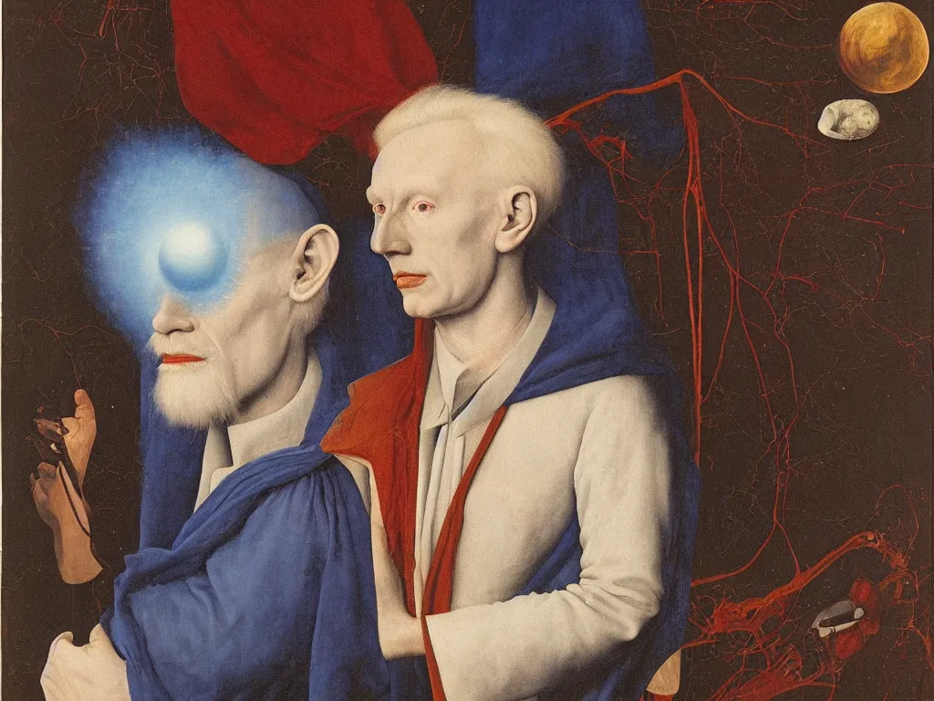 Prompt: Portrait of albino mystic with blue eyes, with cosmic wound. Painting by Jan van Eyck, Audubon, Rene Magritte, Agnes Pelton, Max Ernst, Walton Ford