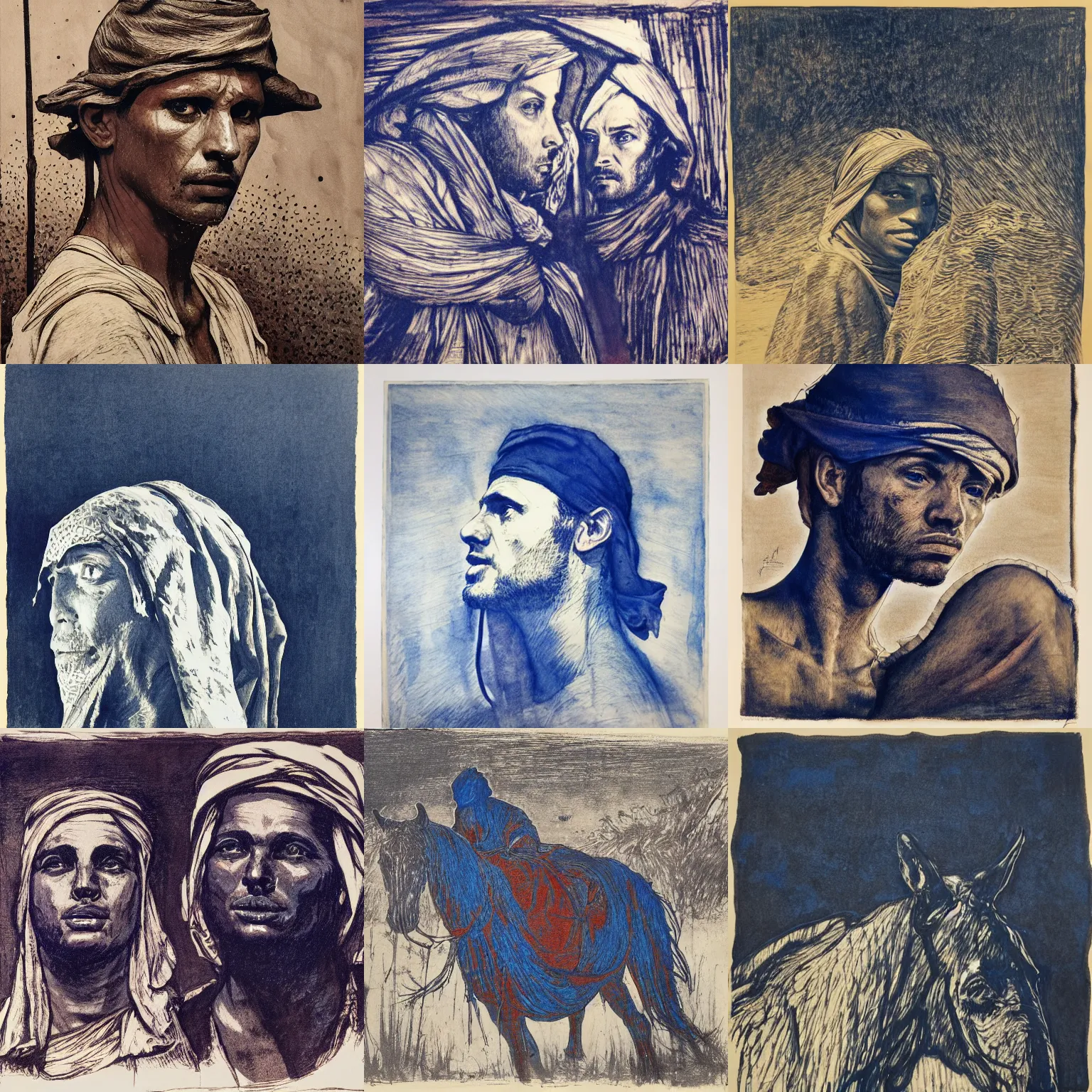 Prompt: bedouin realist lithograph of hunter, ultramarine blue, venetian red, titanium buff, luminous, ethereal, dense linework, grisaille, woodcut, watercolor tinting, chiaroscuro, dark background, subsurface scattering