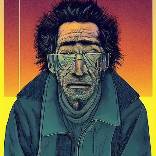 Image similar to “portrait of an old man. High quality sci fi illustration. Mœbius. Gruff looking. Grease. Mechanic. Masterpiece digital art.”