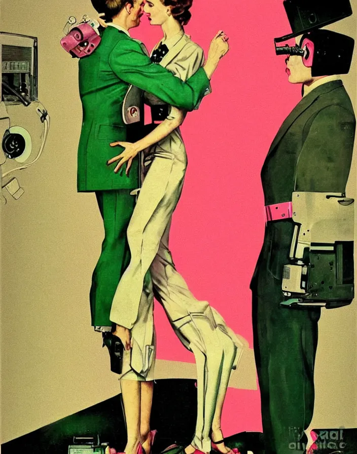 Prompt: a female housewife being hugged by a robot!!! husband!!! in a suit, 1 9 5 0 s horror film movie poster style, ( norman rockwell oil painting ), retro science fiction, vintage, saturated pink and green lighting, shadowy lighting
