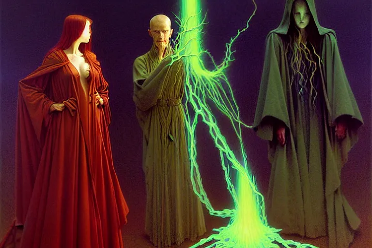 Image similar to the female arcanist and the male artificer by zacharias aagaard and albert bierstadt and gerald brom and zdzisław beksinski and wayne barlowe and marc simonetti and jean delville, beautiful, robes, highly detailed, hyperrealistic, intricate, energy, electricity, blue flame, low light, green crystal, high contrast