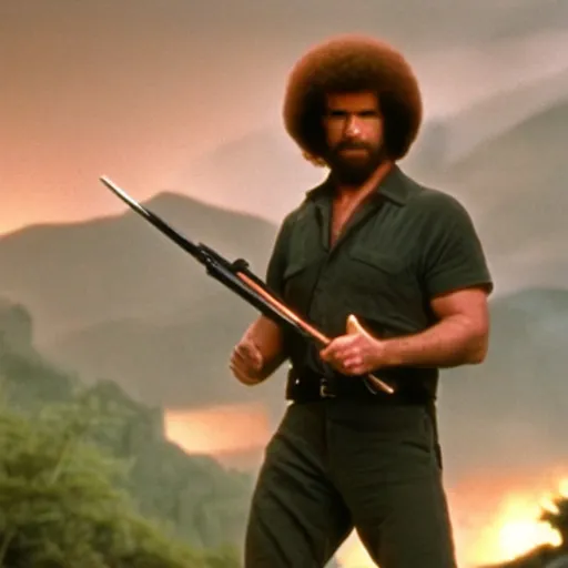 Prompt: A still of Bob Ross as Rambo in Rambo First Blood (1982), cinematic shot, dramatic lighting
