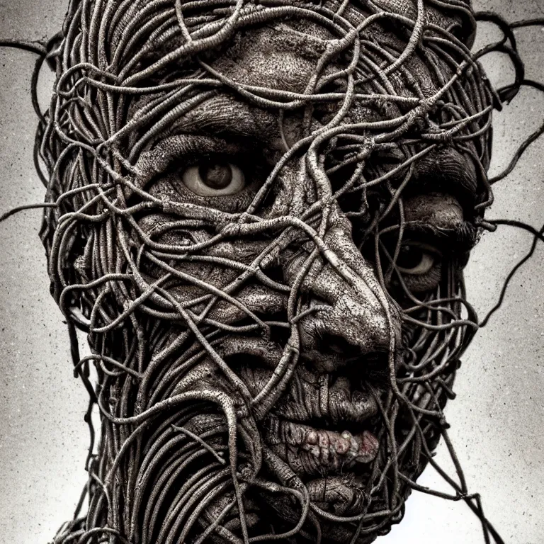 Prompt: still life of ribbed closeup face man portrait, covered with roots, wires, tubes, standing in a desolate empty wasteland, creepy, nightmare, dream-like heavy atmosphere, surreal abandoned buildings, baroque painting, beautiful detailed intricate insanely detailed octane render trending on Artstation, 8K artistic photography, photorealistic, chiaroscuro, Raphael, Caravaggio, Beksinski, Giger