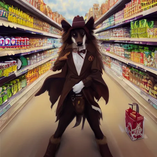 Prompt: wide angle beautiful full body portrait of a cute male anthropomorphic anthro border collie fursona wearing cowboy outfit in a grocery store, character design by charlie bowater, henry asencio, and ross tran, furry art, furaffinity, beautiful, glamor pose, detailed, aesthetic, trending on artstation