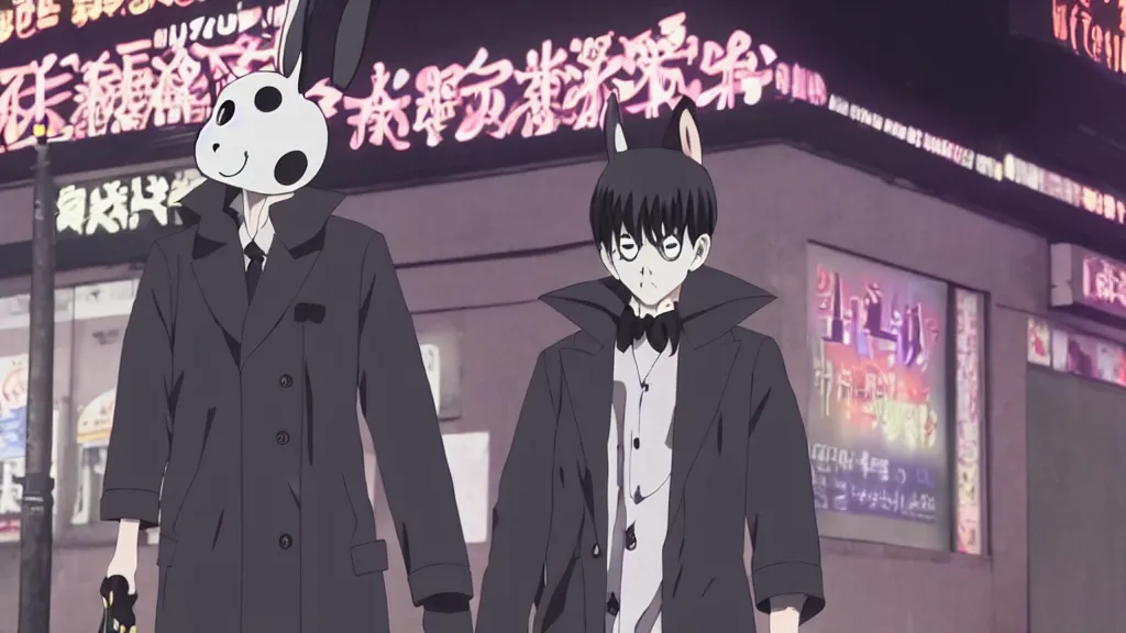 Image similar to a man wearing a black trench coat and black rabbit mask standing outside a night club, anime film still from the movie directed by Junji Ito, wide lens