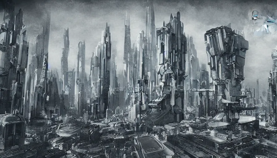 Image similar to platinotype photograph of a sci-fi futuristic city