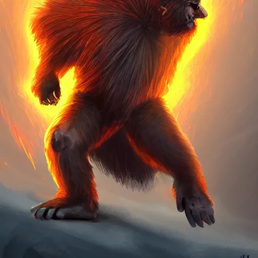 Image similar to fury art, an anthro ape wearing a large cape and a fantasy armor, fiery background, 3 d, 8 k, extremely detailed, trending on furaffinity, trending on artstation, award winning, sharp focus, illustration