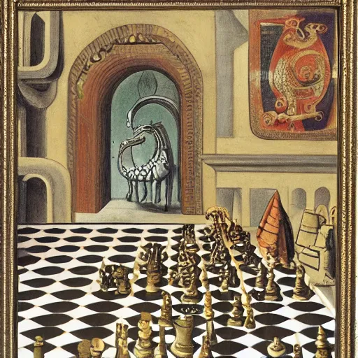 Image similar to portrait of a chessboard, with dragons and elephants as chess pieces, highly detailed, in the style of Giorgio de Chirico